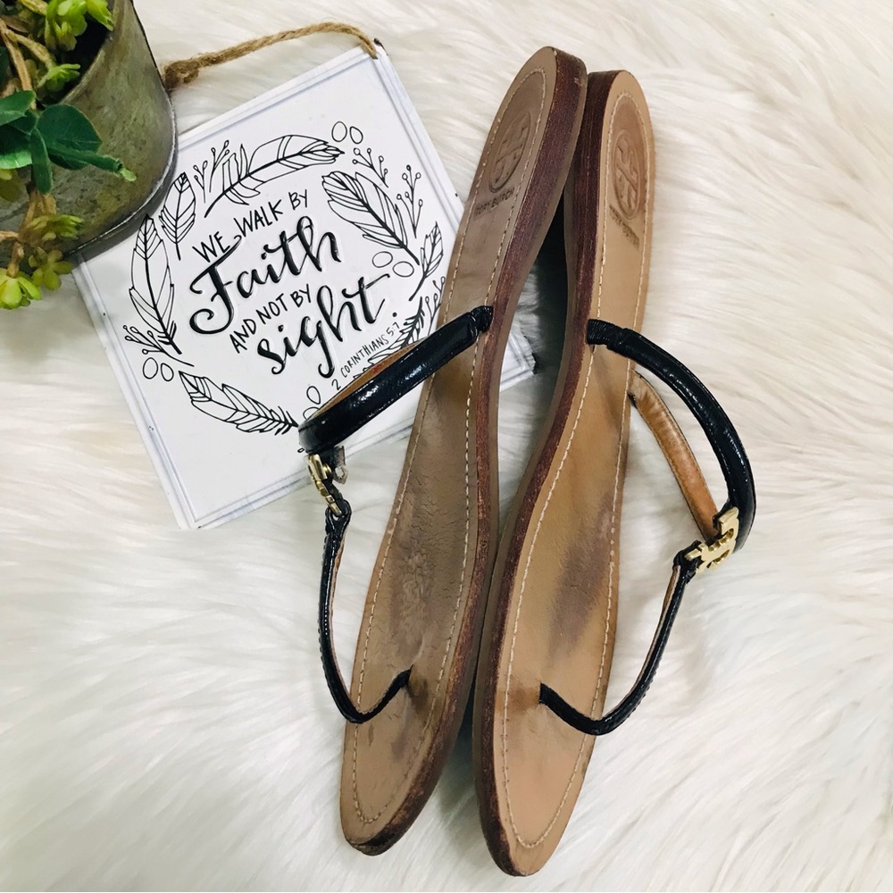 Tory Burch T Logo T Strap Thong Sandals Flats Black Sz 10 - Picture 4 of 11